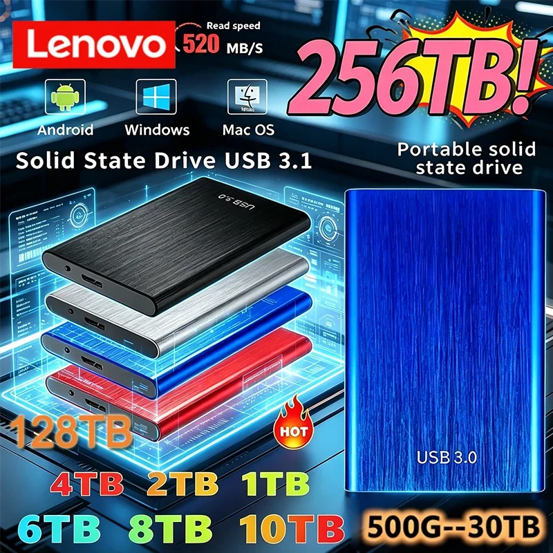 

Портативный SSD-накопитель Lenovo: высокоскоростной, 2 ТБ, 8 ТБ, 256 ТБ, внешний жесткий диск, USB 3.0, для ноутбуков и компьютеров