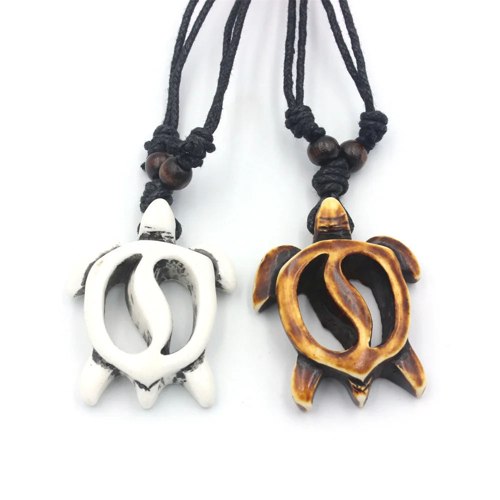 Men Women's Hawaiin Turtle Necklace Simulation Bone Carved Yin Yang Turtle Surfer Holiday Jewelry