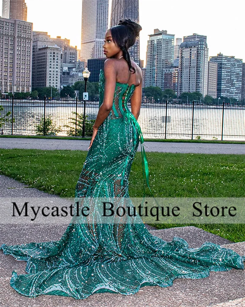 Green Lace Beaded Long Mermaid Prom Dress For Black Girl 2024 New Arrivals Evening Dresses Wedding Party Gown Lace up