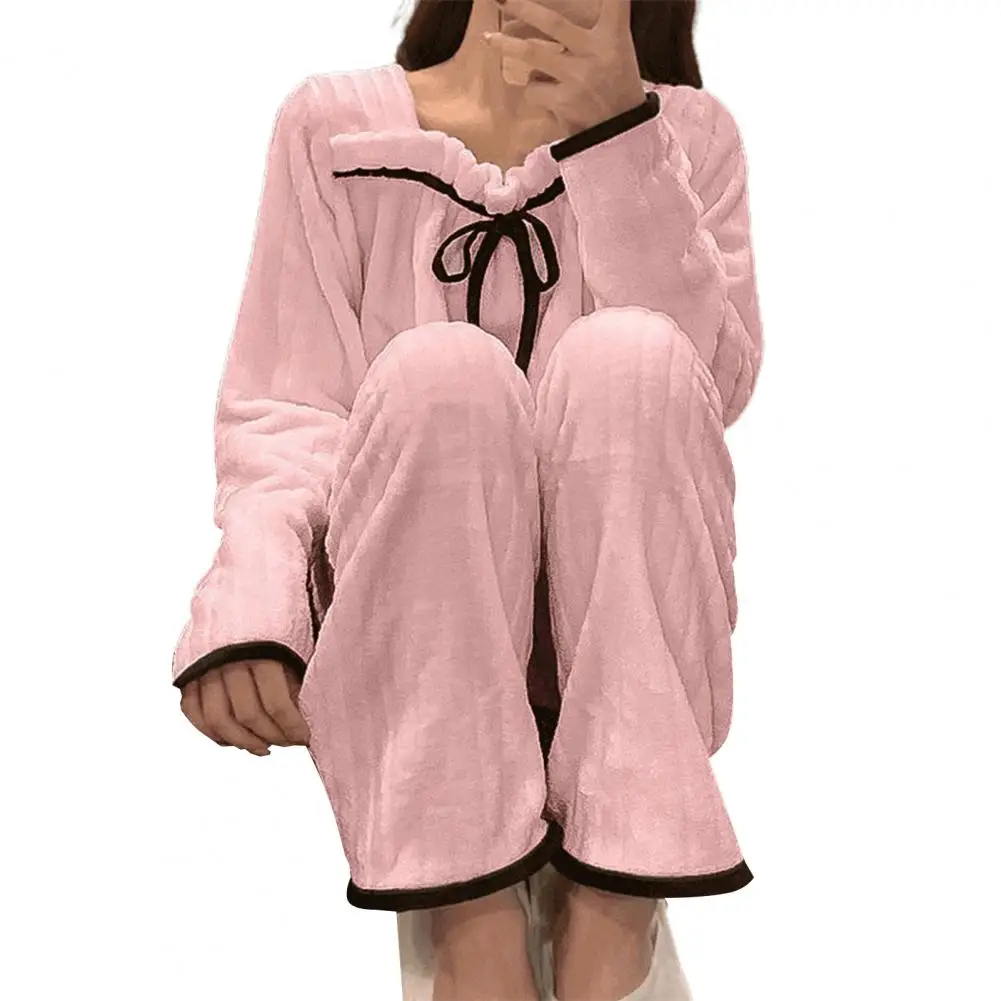 Fleece Pajamas Sets for Women Autumn Winter Thick Warm Sweet Long Sleeve Sleepwear Nightgown Pijama Suit Homewear