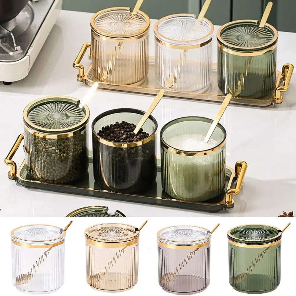 جرة بهار بلاستيكية على الطراز الأوروبي حاوية توابل مخططة شفافة مع ملعقة وغطاء جرة تخزين التوابل للتخييم