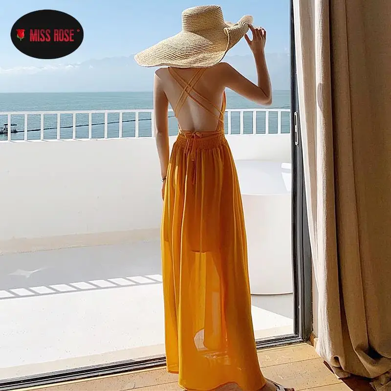 

Yellow Designer 2 Thin Shoulder Straps Back Cross Dress Women Sundress Beach Vacation Long Bohemian Robes Sling Slim High Waist