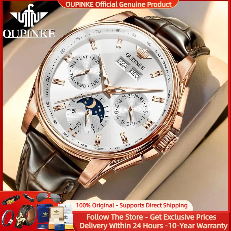 

OUPINKE 3189 Luxury Men Watch Moon Phase Waterproof Genuine Leather Strap Sapphire HD Luminous Men Automatic Mechanical Watch