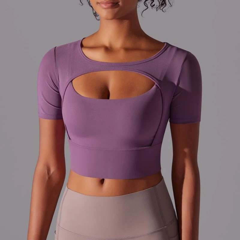 

MIML Women's Solid Color Splice Mesh Sexy Double Layer Short Sleeve Strap Bra Running Yoga Top Fitness Running Yoga Wear