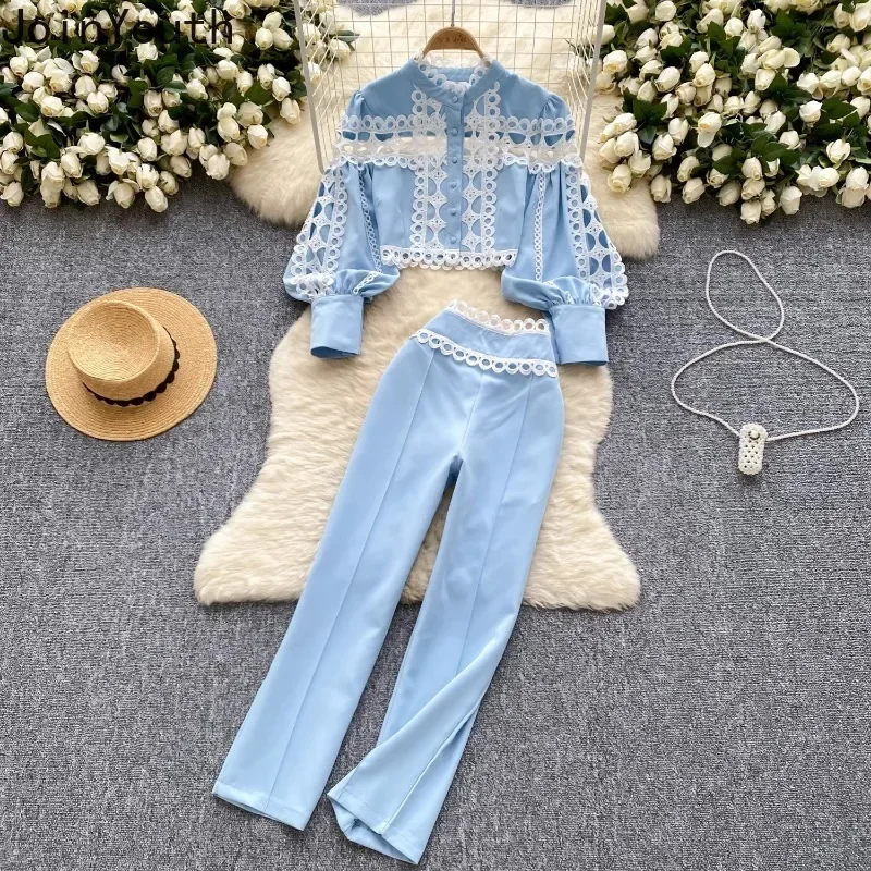 Temperament Women\'s Clothing Two Piece Sets Pants Outfits Hollow Out Lantern Sleeve Crop Shirt High Waist Straight Pants Suit