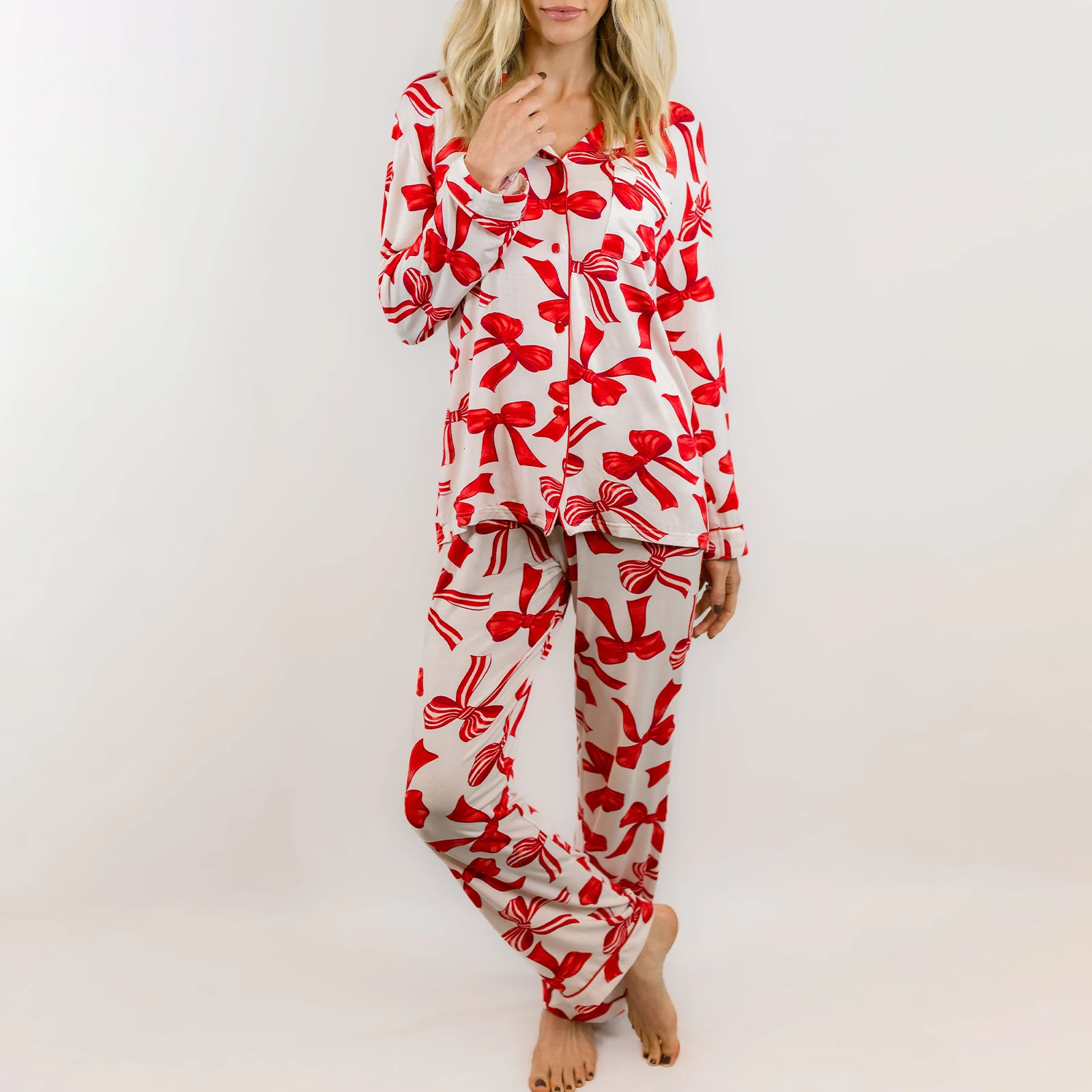 HEZIOWYUN Women's 2Piece Christmas Pajama Set Long Sleeve Button Shirt + Elastic Pants Loungewear Soft Sleepwear for Nightwear