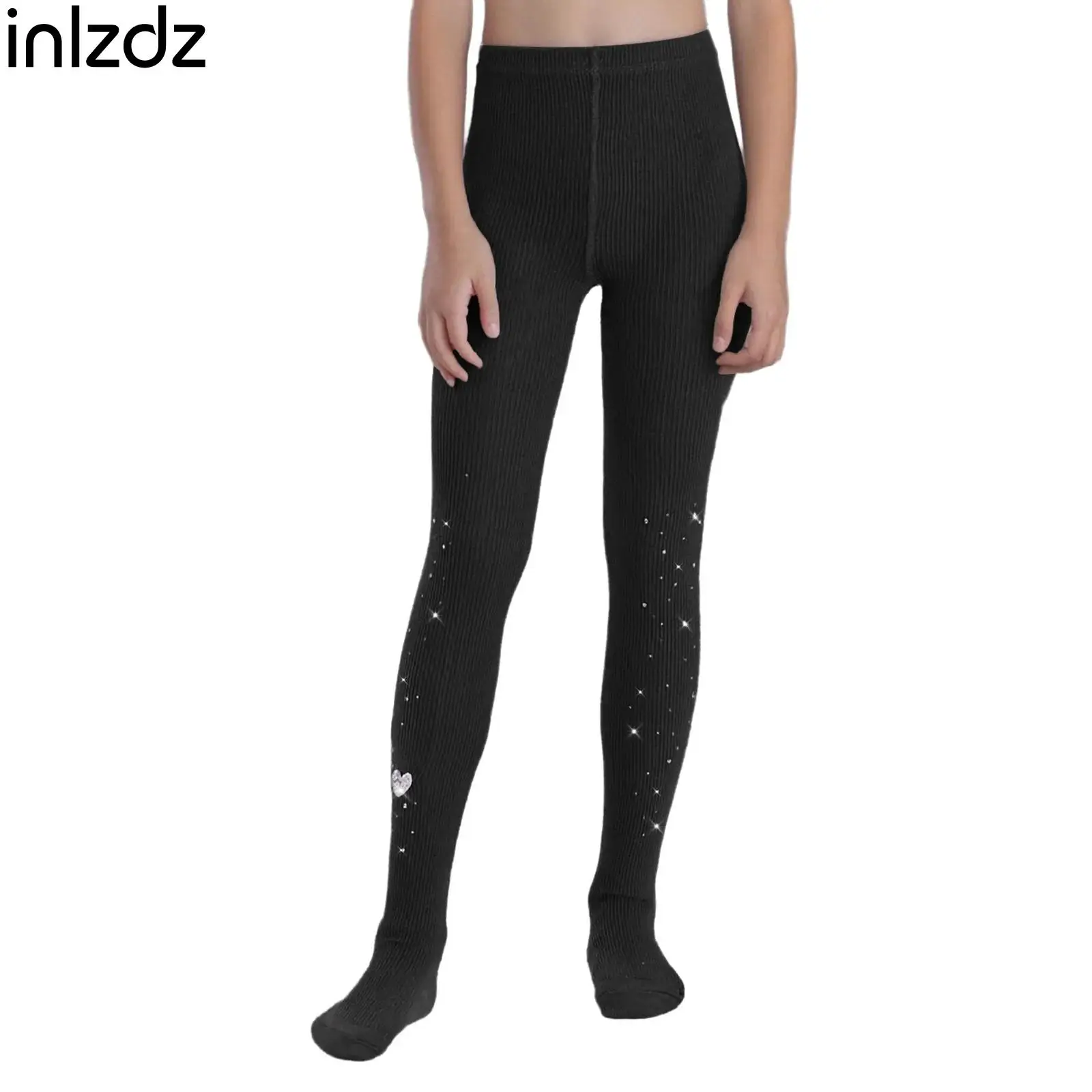 

Girls Cute Hearts Rhinestones Tights Birthday Party Casual Dance Costumes Stretchy Ribbed Pantyhose Solid Color Footed Leggings