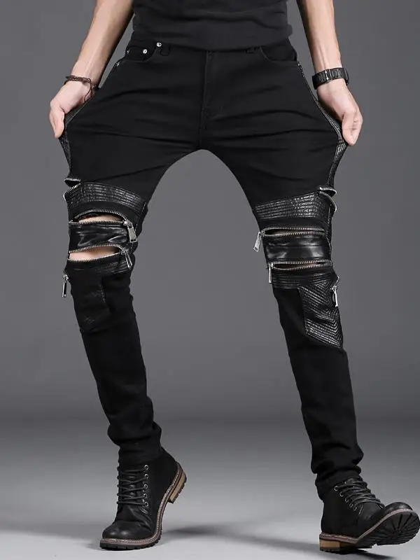 

uxi Design Men's Faion Brand Jeans Breathable Spliced Leather Elastic Multi-Zipper Bla Slim Fit Stretchy Denim Pants