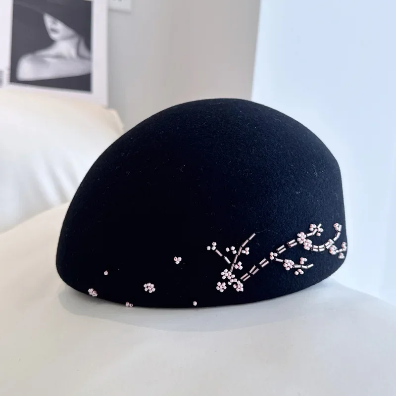 Light luxury elegance hand-stitched rice bead beret High quality Australian wool felt hat exquisite fashion solid color top hat