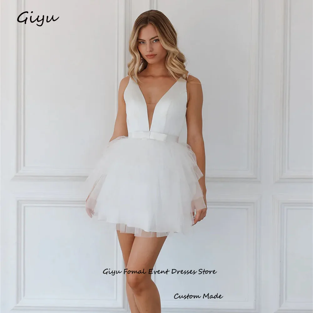 Giyu Modern Style A-line Mini Wedding Dress 2024 V-Neck Draped Short-length Above The Knee Vestidos Novias Boda Party Dress