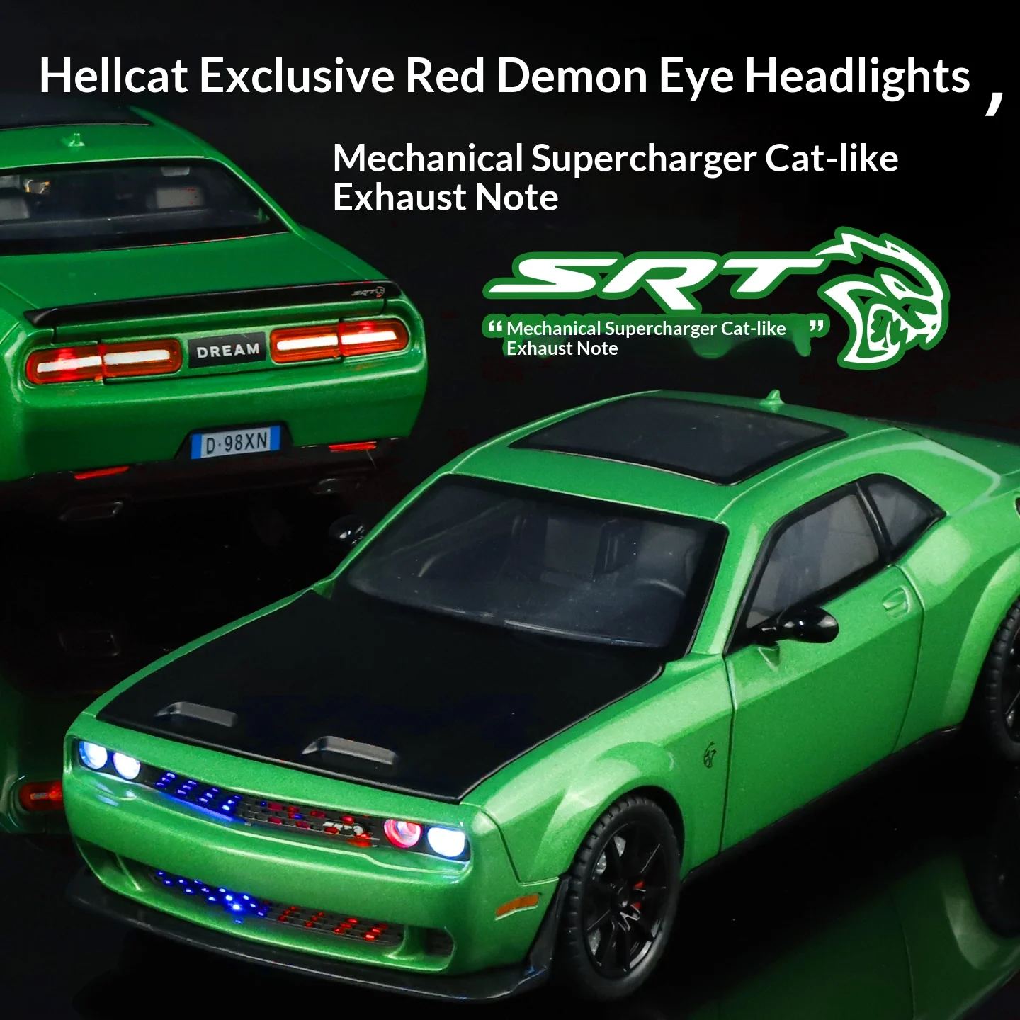 Coche de juguete Hellcat fundido a presión de metal a escala 1/24 con sonido de motor realista, adecuado para regalos de niños, coche de juguete para niños