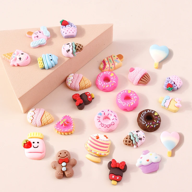 Mini resina traseira plana cabochão, 10pcs, bonito, doce, comida, sobremesa, rosquinha, bolo, diy, scrapbooking, para meninas, arcos de cabelo