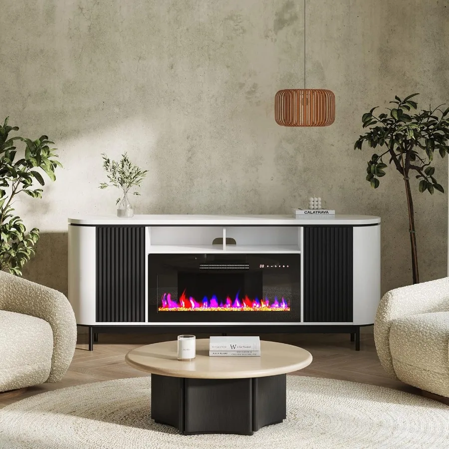 

76-inch Curved Profile TV Stand with 36-inch Electric Fireplace for Large Living Room Entertainment Center Modern Media Console