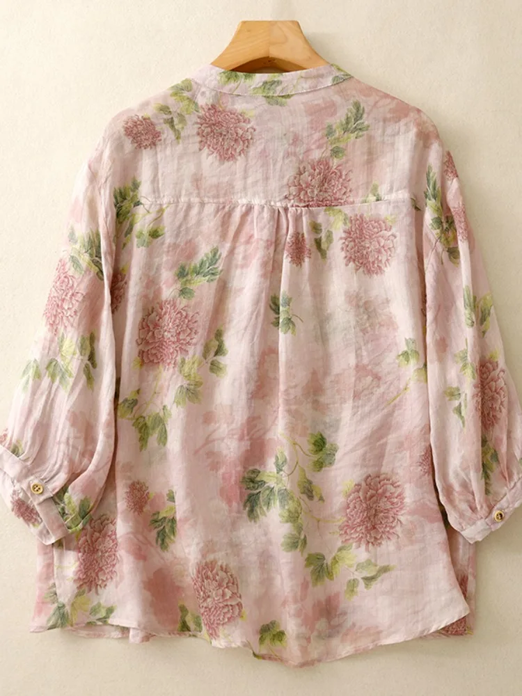 New Chinese Style National Trend Peony Floral Cotton Linen Shirt Women Summer Outerwear Thin Five Sleeve Sun Protection Cotto...