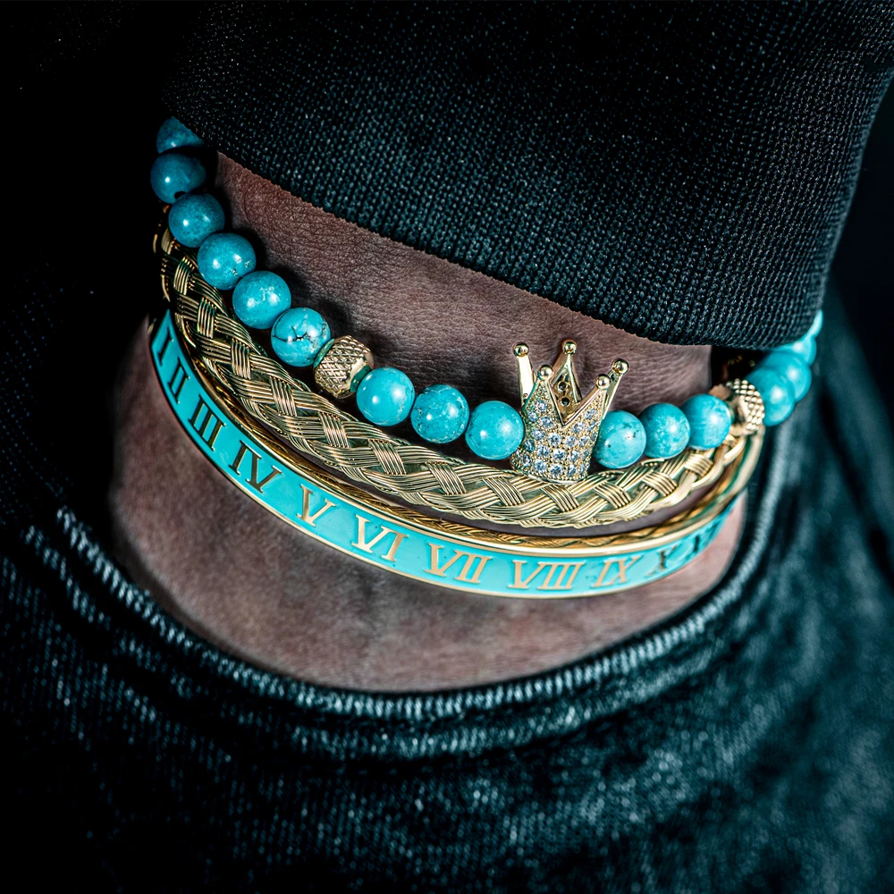 Luxury Set Bracelets Men&Women CZ Crown Handmade Enamel Roman Numeral Bangles Rope Buckle Turquoise Stone Beads Jewelry Pulseras