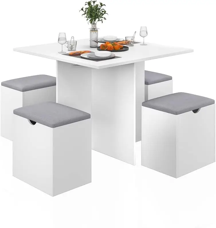 5-Piece Dining Table Set, Small Kitchen Table Set w/ 4 Stools Compact Space-Saving for Dining Room Kitchen Modern (White & Grey)