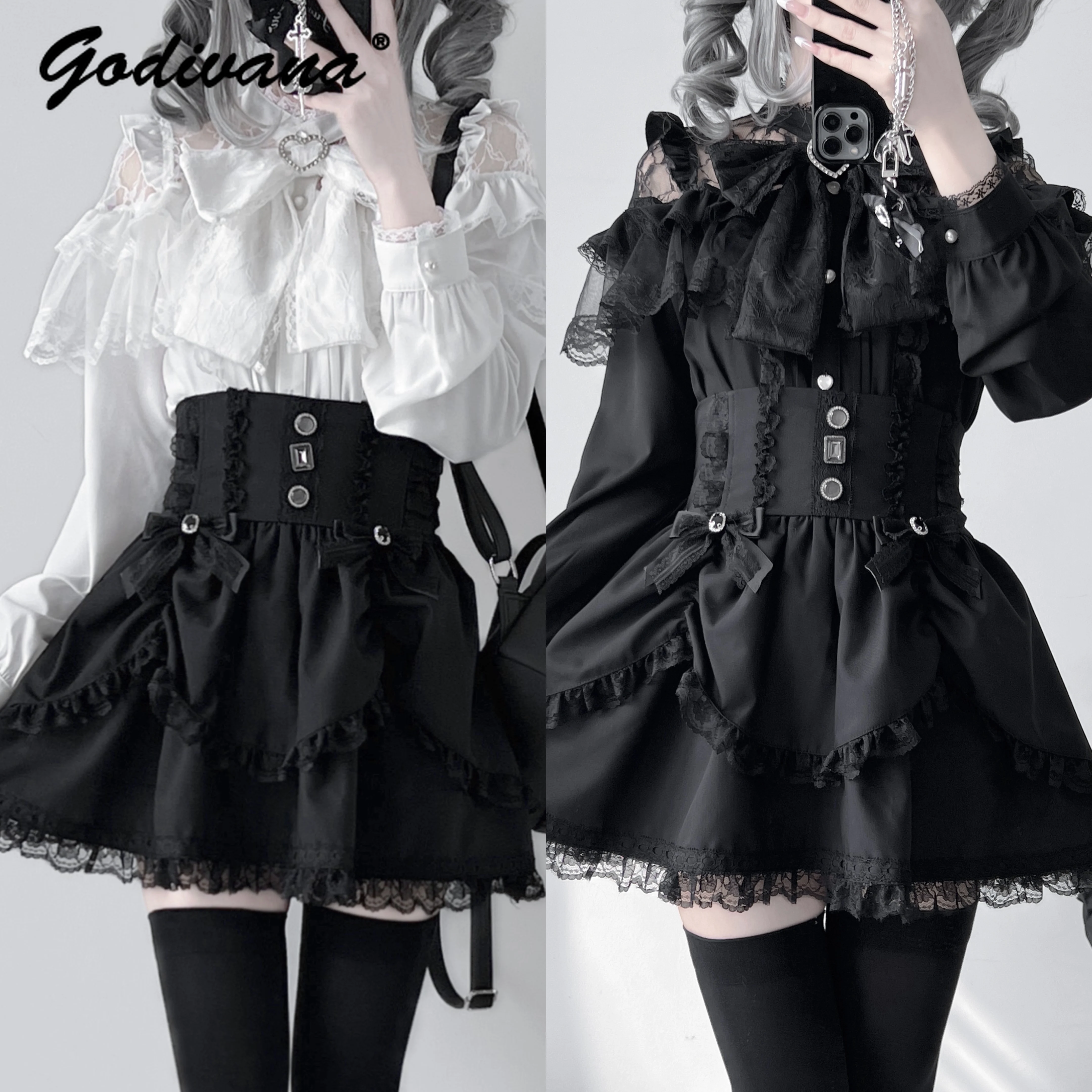 Japanese Mass-produced Mine Girls Sweet Lace Bow Long-sleeved Shirt New Spring and Autumn Women's Lolita Lace Blouse Tops