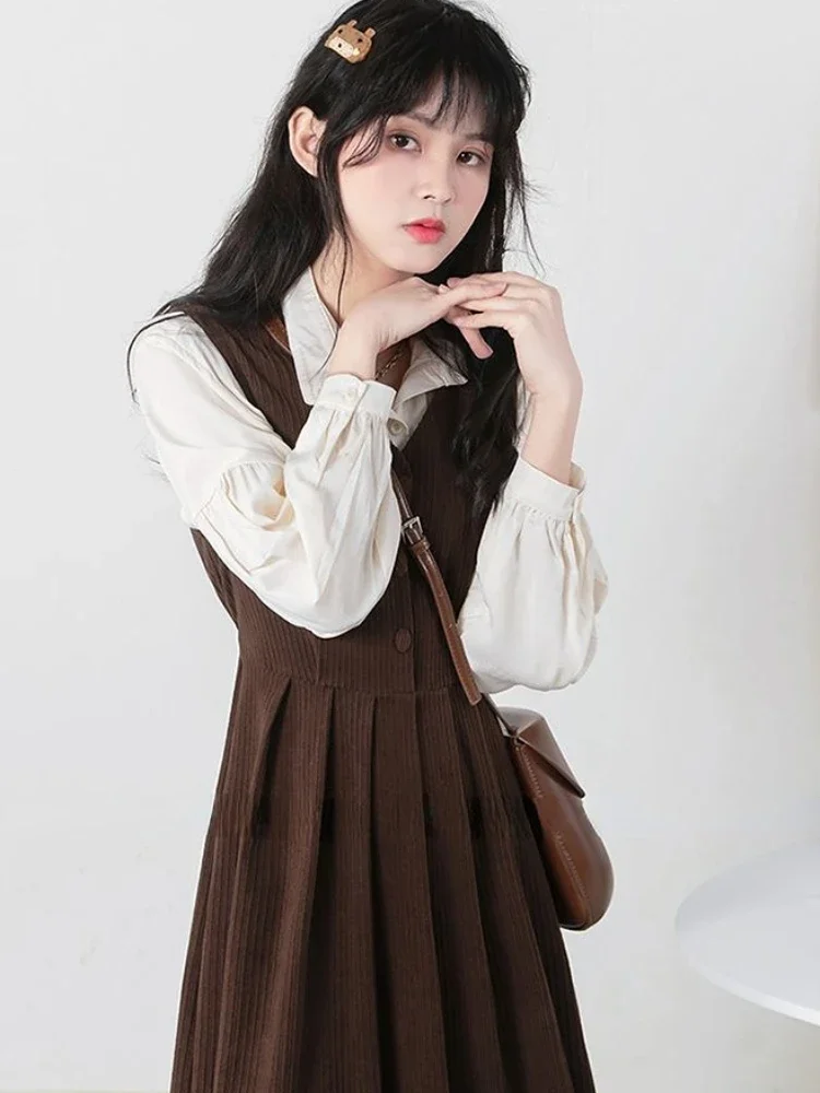 Dresses Sets Women 2pcs Leisure Preppy Design Sweet Retro All-match Chic Ulzzang Folds Shirts Simple Pure Midi Vestidos Students