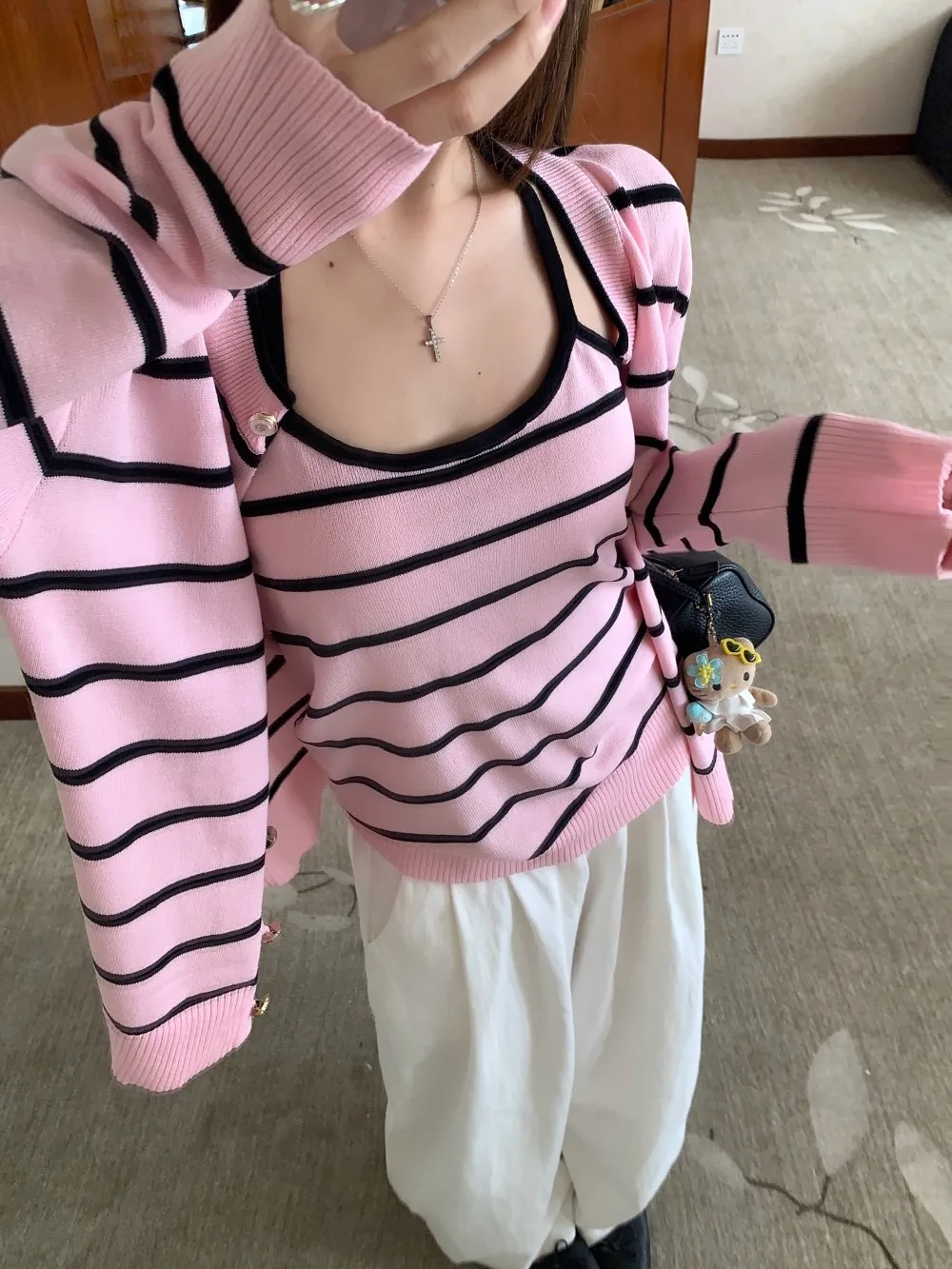 

Pink Striped Knitted Sweater Set Early Autumn Gentle Sle Layering Two-Piece Set Korean Loose Fit Long Sve round Ne