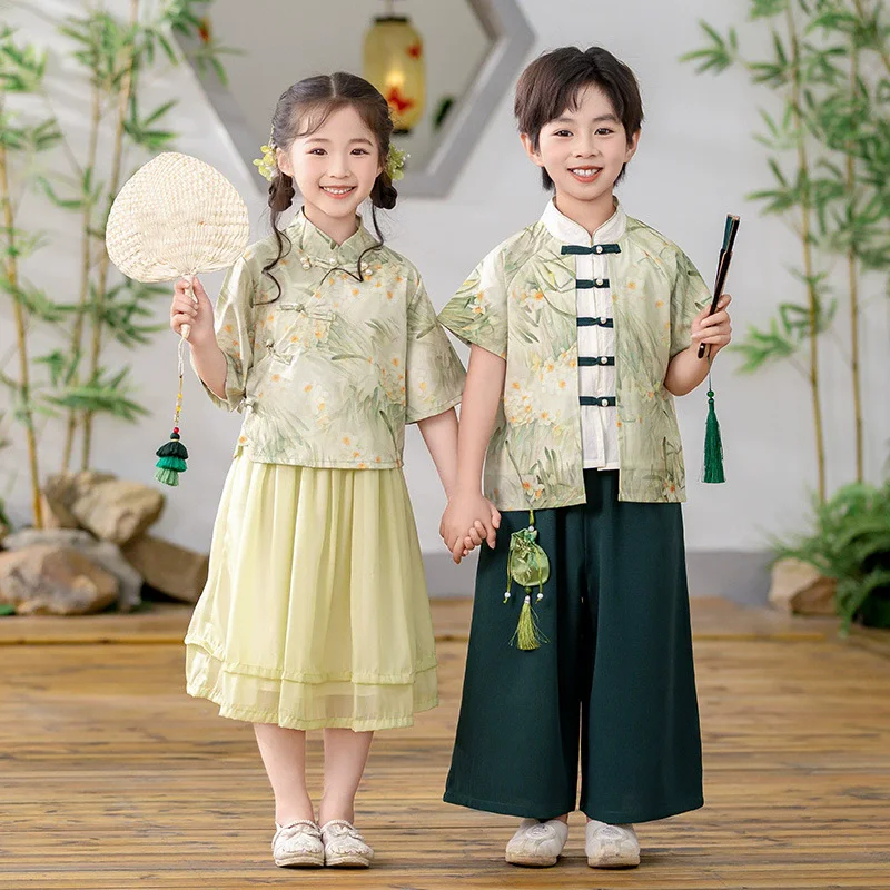 

Summer Stage Baby Hanfu Outfit Toddler Girl Suit Casual 2 Piece Set Kids Clothing Tang Costume Cosplay Boy Set Children's Day