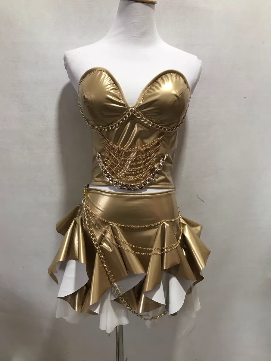 

Nightclub Bar Female Singer Leading Dance Stage Performance Clothing Sexy Light Gold Patent Leather Split 2-piece Suit
