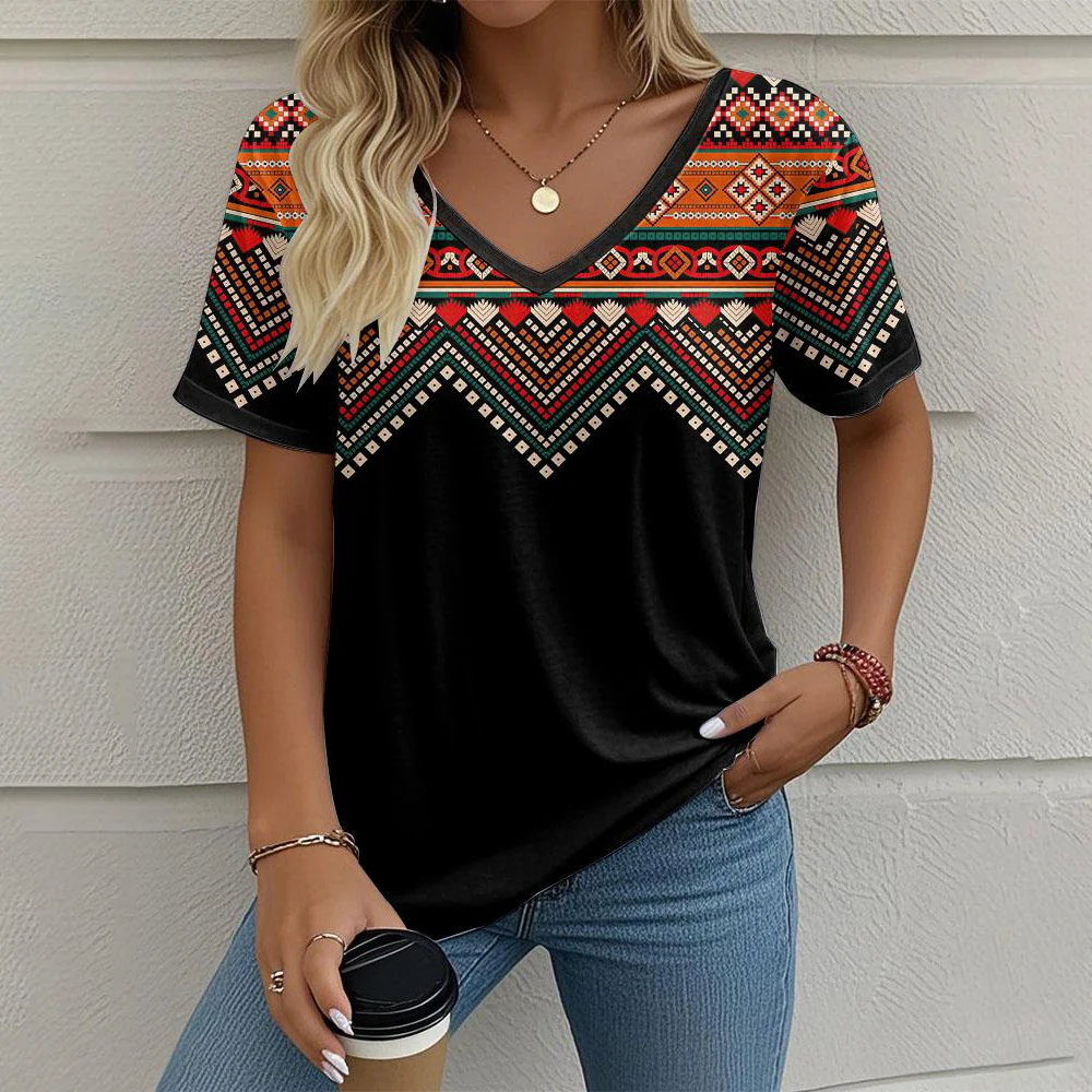 T-Shirt femme imprimé géométrique Style ethnique mode décontracté surdimensionné col en v t-shirts été vêtements pour femmes