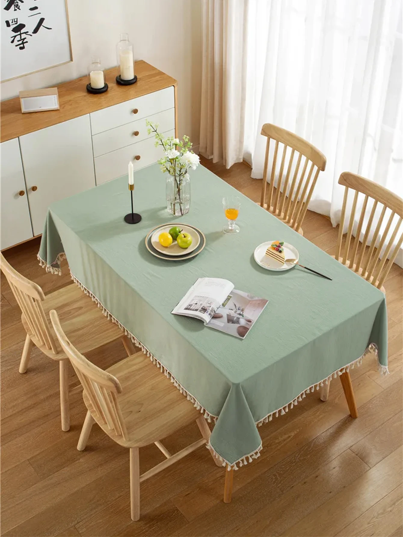 Französische Tischdecke im cremefarbenen Stil für Zuhause, Hochzeit, Party, Urlaub, Küche, weiche gefaltete Quastentischdecke – Detail 4