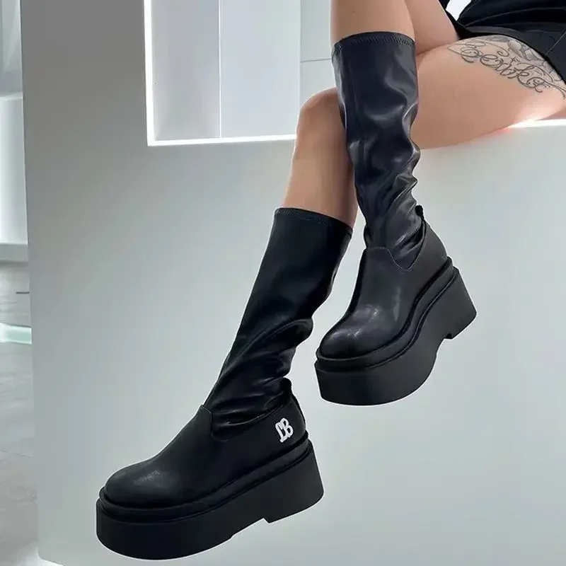 Waterproof Black Ladies Knee High Shaft Shoes Elegant Heeled Heels Women's Long Boots Winter 2024 Novelty Spring Quality Chic Pu