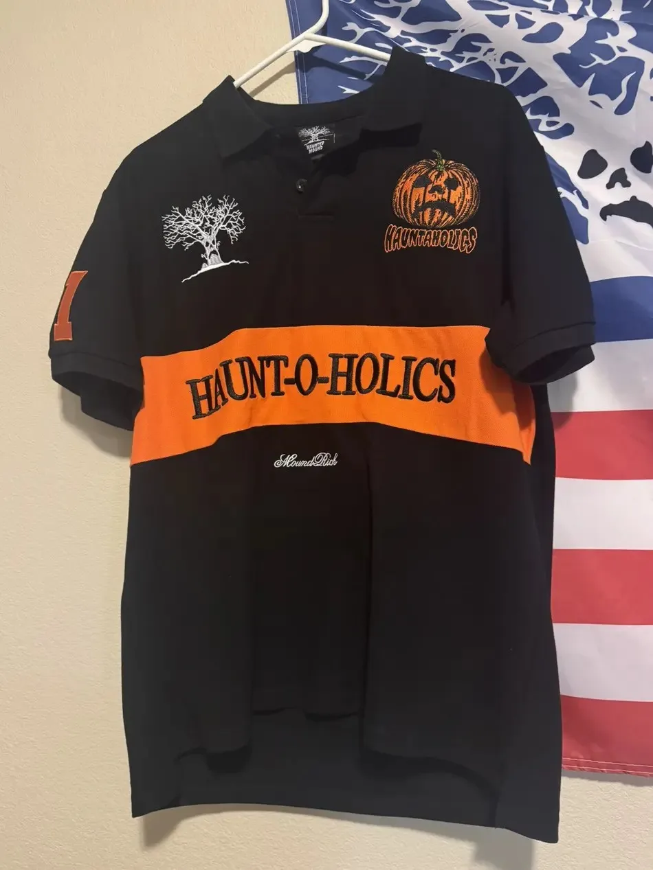 قميص بولو مسكون جبل Y2K ملابس رجالي إمرأة الهيب هوب اليقطين رئيس التطريز المتضخم قميص القطن قصير الأكمام بلايز #2