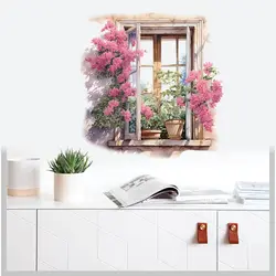 Pink Flower Window Funny Wall Sticker Kids Room Background Home Decoration Mural Living Room Wallpaper Decal