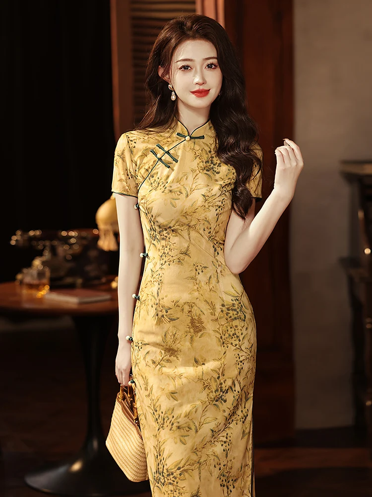 

Желтое женское модное летнее платье Ele Dr Rejuvenated Vintage с коротким рукавом и низким разрезом для повседневной носки