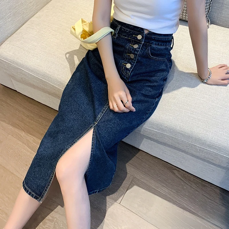 2023年夏ファッション ハイウエストデニムミニミディスカート レディース トレンド スリムフィット Aラインスカート フロントスリット入り カジュアル コットンブレンド