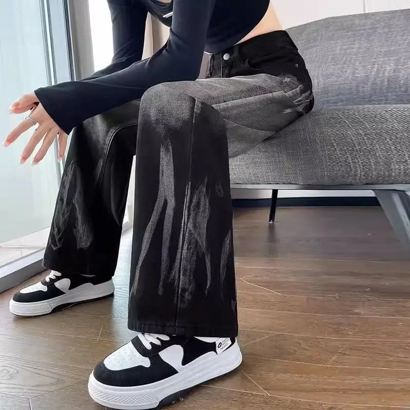 Tie-dye Straight Jeans for Women in Spring and Summer New Style Small High-waisted Slimming Without Legs Wide-leg Floor Pants