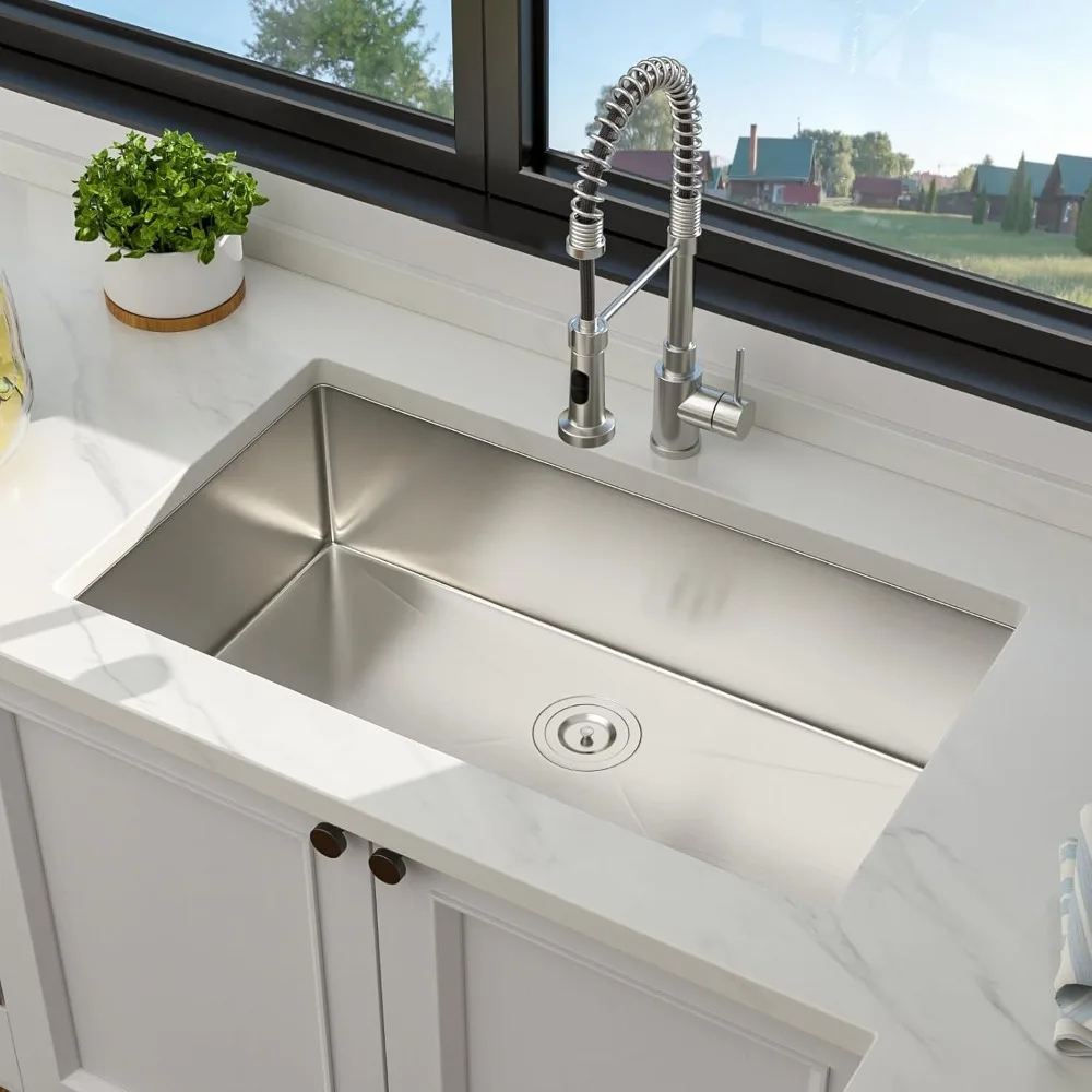 حوض مطبخ سفلي من الفولاذ المقاوم للصدأ مقاس 32 × 19 - حوض مصنوع يدويًا بقياس 16 مع تصريف خارج المركز للمطبخ الحديث #2