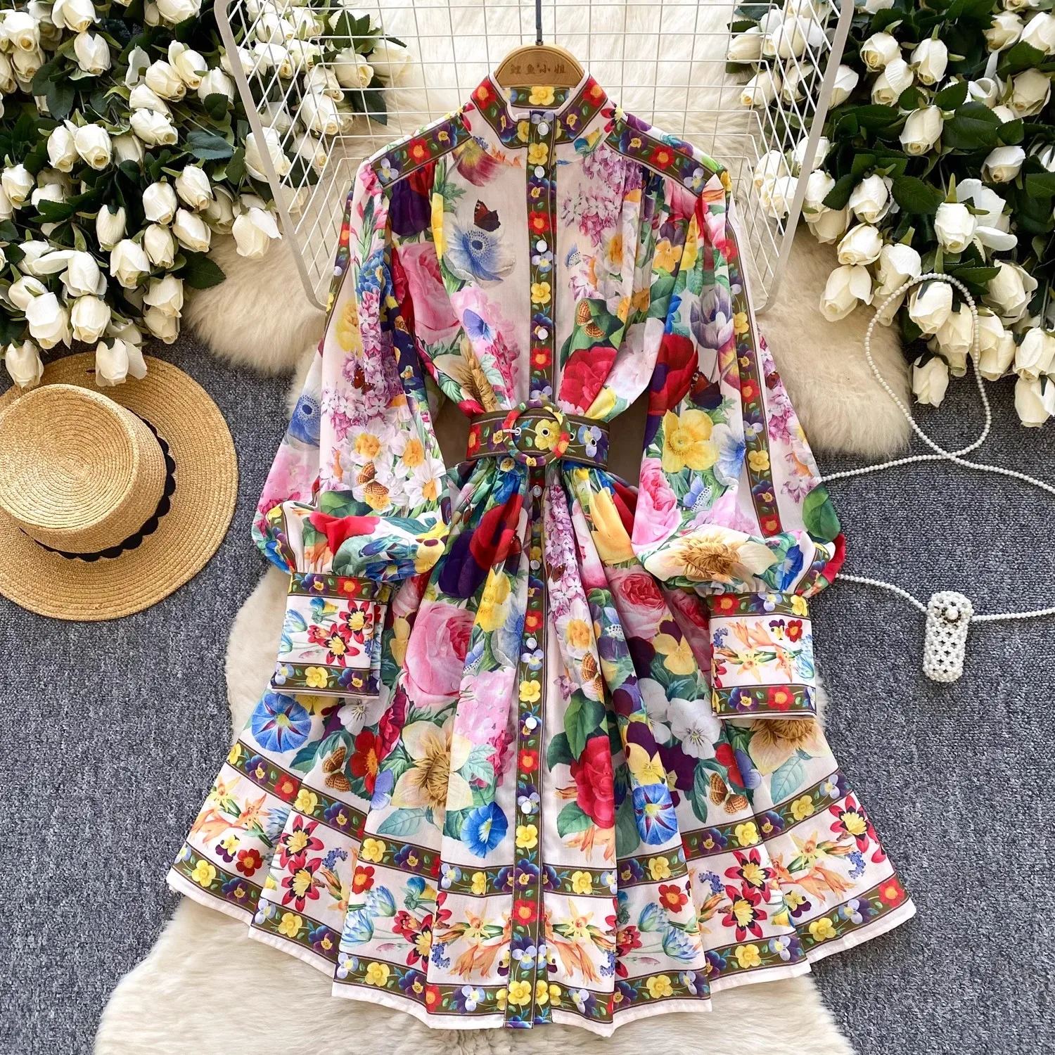 2025 Spring Summer Runway Short Dress Women's Stand Collar Long Lantern Sleeve Single Breasted Floral Print Belt Mini Vestidos