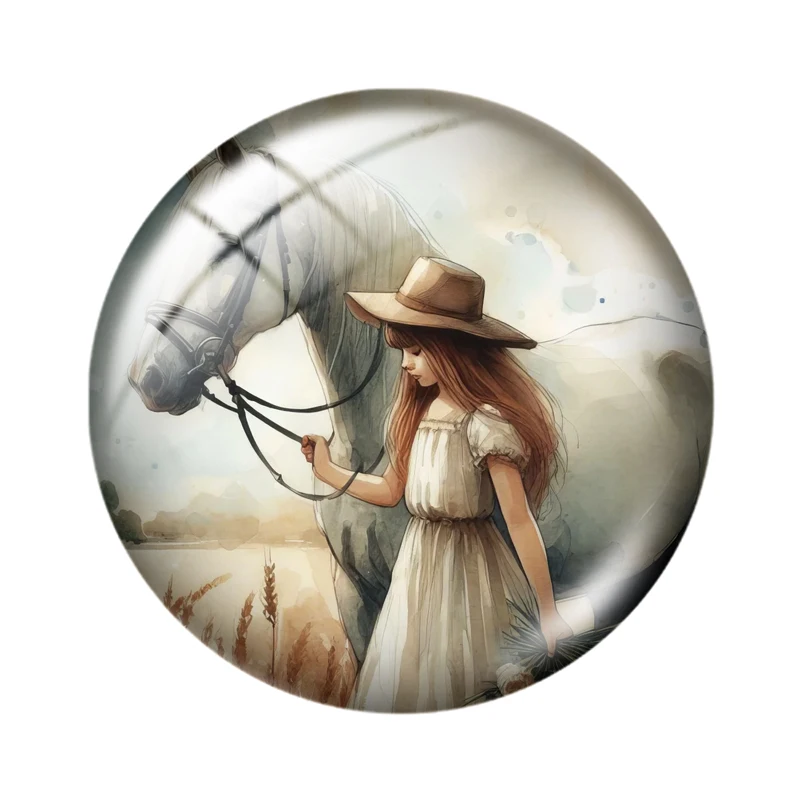 Girl With Horse 10pcs 12mm/16mm/18mm/30mm Round Photo Glass Cabochon 25mm Demo Flat Back Making findings