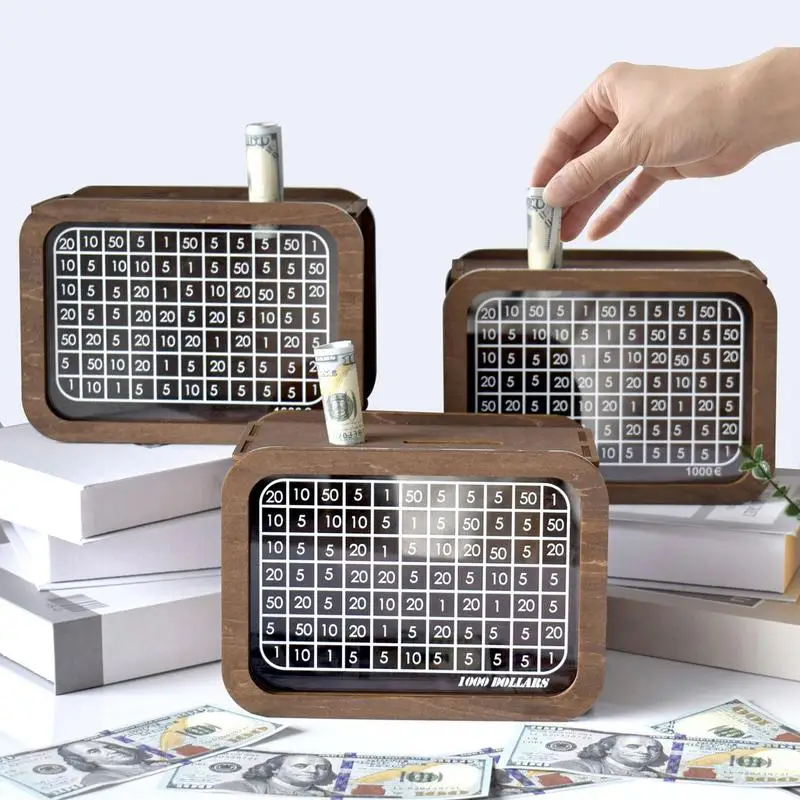 Money Saving Box Reusable Acrylic Wooden Money Jar Multifunctional Coin Cash Box with Savings Target Decorative Change Bank