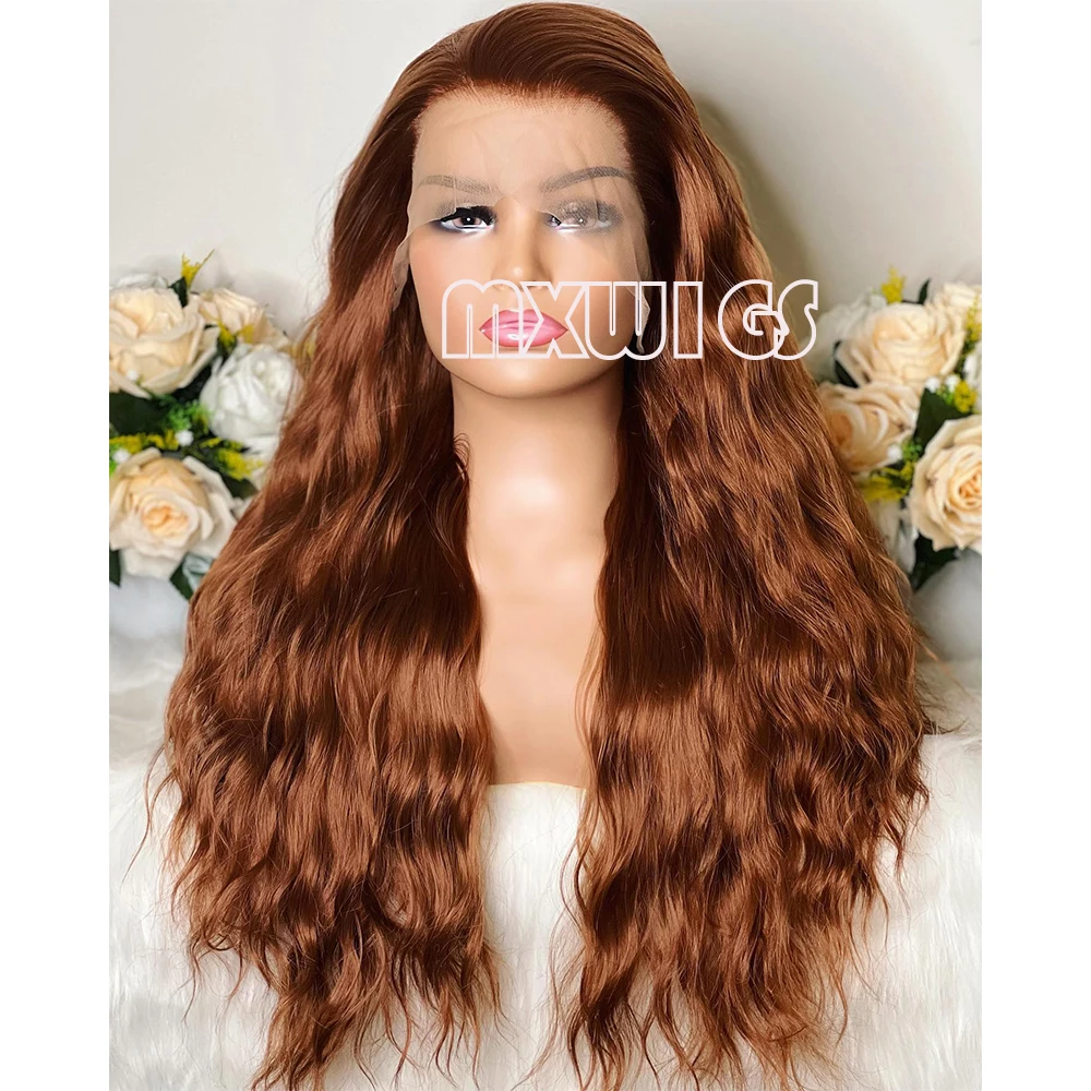 

MXWIG Auburn Brown Deep Wave 13x4 Lace Front Wig Pre-Plucked with Baby Hair Synthetic Glueless Wig for Women