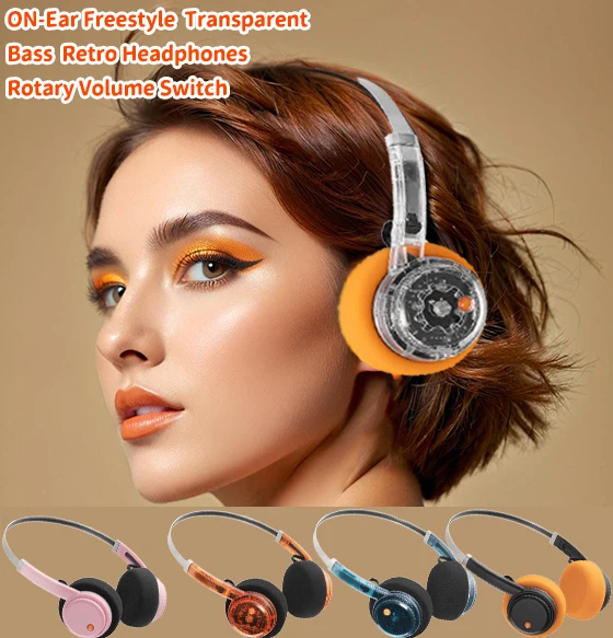 

ON-Ear Freestyle Retro Headphones Rechargable Transparent Bluetooth6.0 Bass Vintage Headset Volume Rotary Switch Noise Reduction