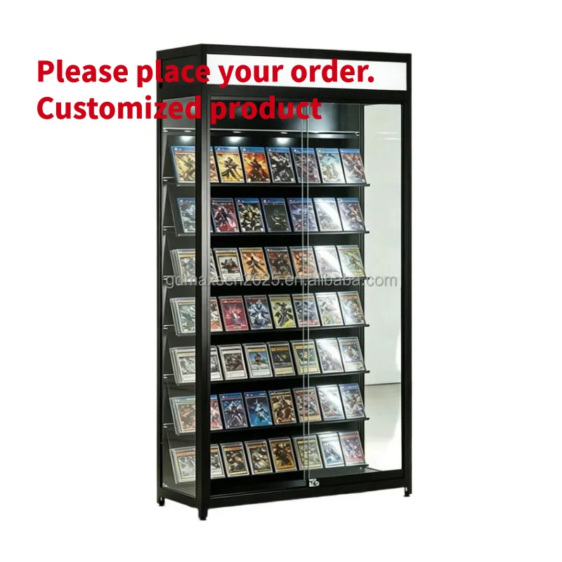 custom.Maxsen High Quality Tall Glass Trading Card Display Cabinet LED Strip Lights Lockable Design Backless Custom/Black
