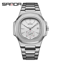 SANDA 7020 Fashion Quartz Wristwatch Date Waterproof Octagonal Dial  Simple Relief Pattern Design Noctilucent Men's Watch