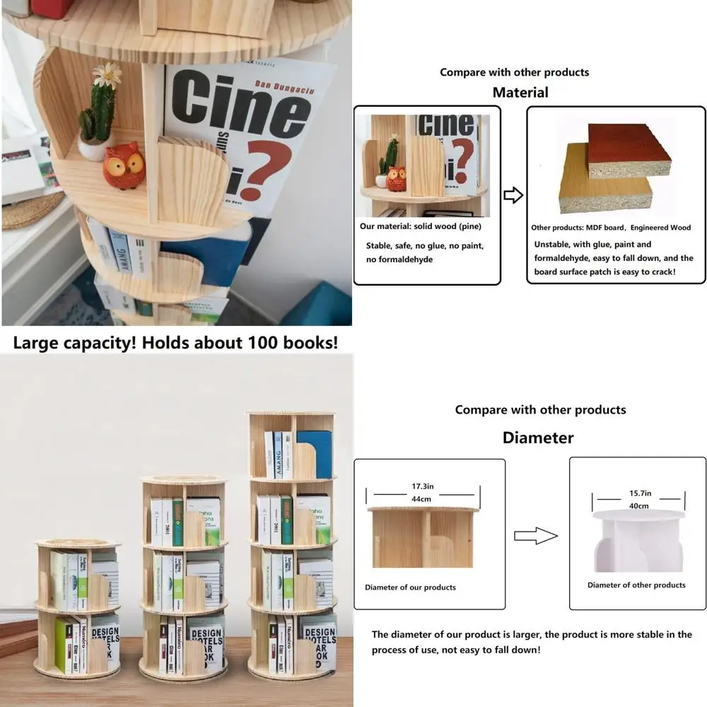 

360° Rotating 4-Tier Wooden Bookshelf - Floor Standing Storage Rack for Kids & Adults, Solid Wood Organizer