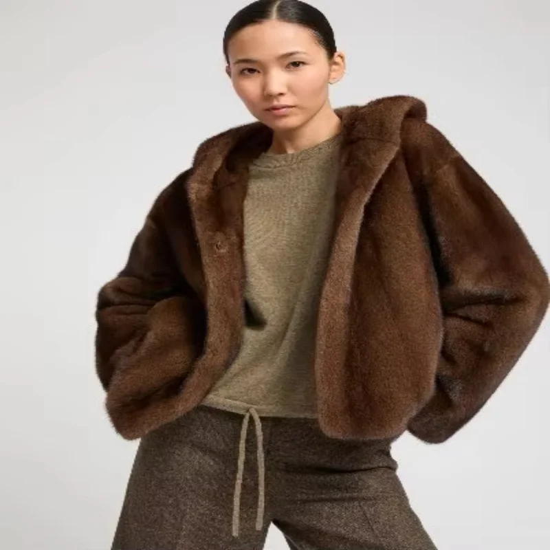 Women's coffee colored mink fur jacket, real mink fur hooded jacket,