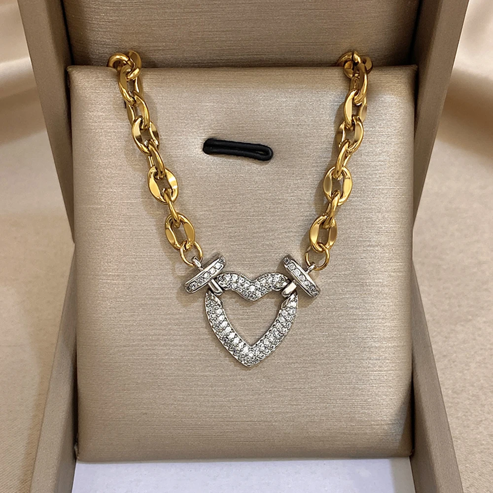 Volle Zirkon Schloss & Herz Edelstahl Charms Anhänger Halskette für Frauen Männer Chunky Punk Vergoldet Link Kette Halsketten – Detail 2
