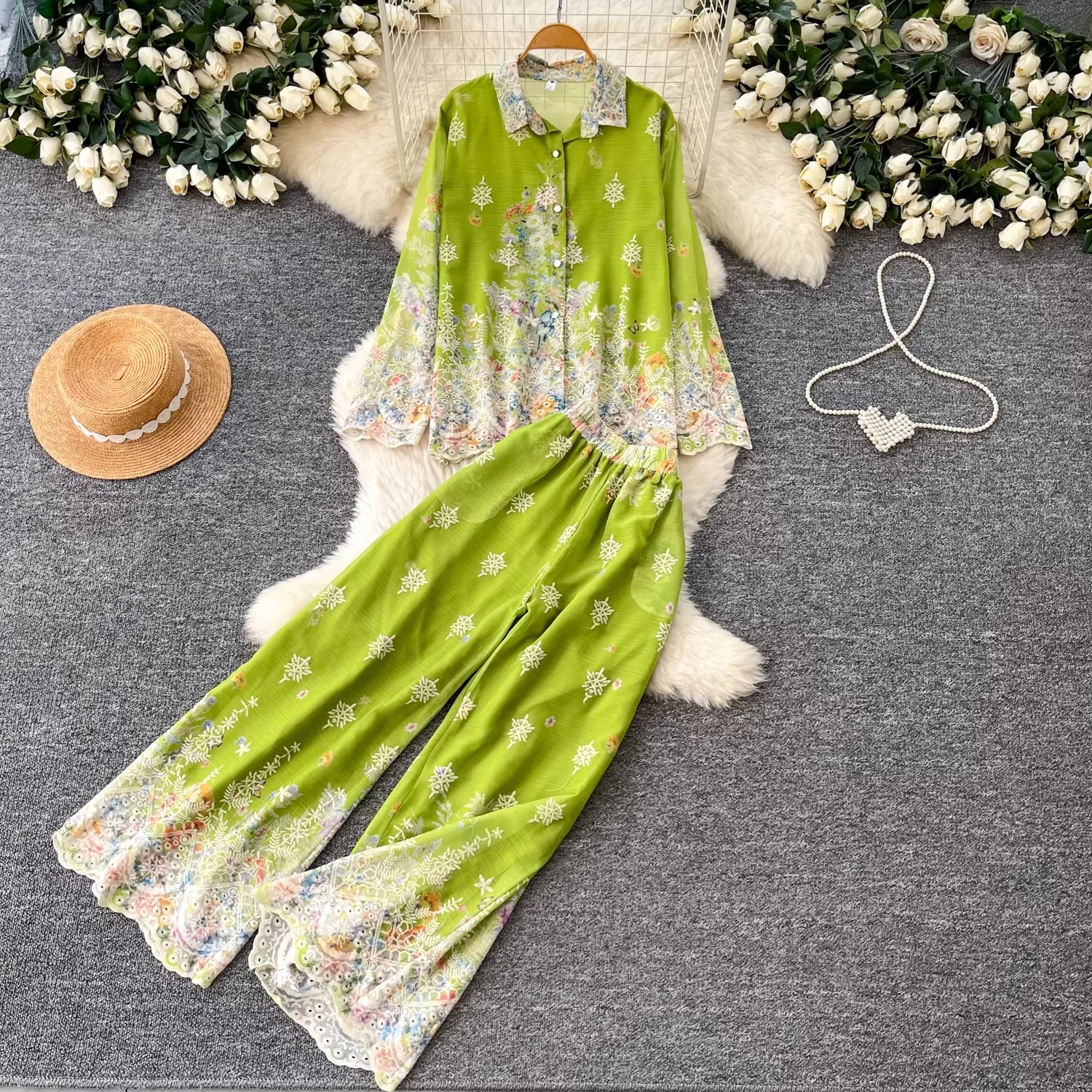 

Clothland Women Sweet Floral Lace Suit Long Sleeve Hollow Out Embroidery Shirt Wide Leg Trousers Retro Two Piece Set TA748