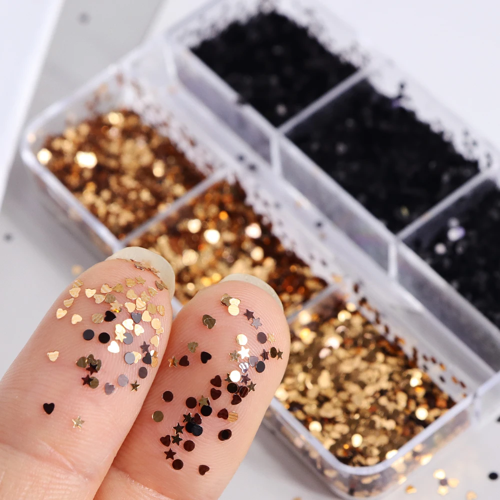Preto ouro bolinhas arte do prego glitter lantejoulas manicure do vintage lantejoulas bolha estrelas corações forma unhas decoração acessórios
