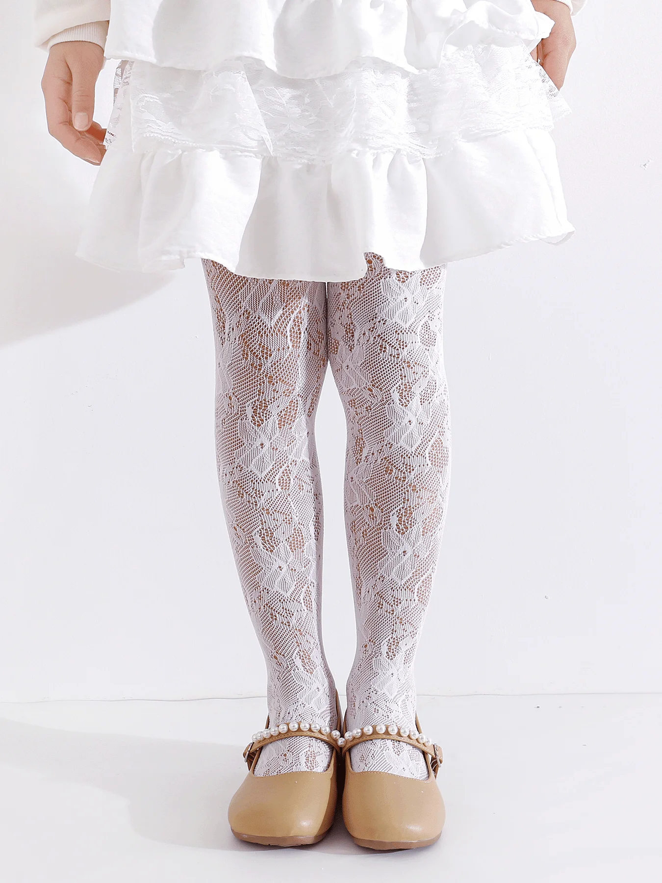 3 Pcs Girls Lace Tights Princess Style Floral Fishnet Stockings Soft Breathable Party Daily Wear Nylon Spandex Kids Leggings Set