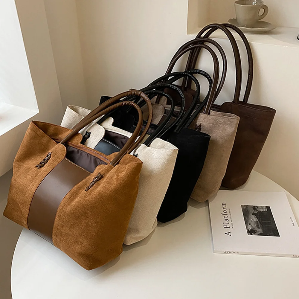 Fotografia 5: Bolsa de superfície de camurça para mulheres, bolsa de lazer de moda coreana, sacola de emenda de colisão de cor vintage