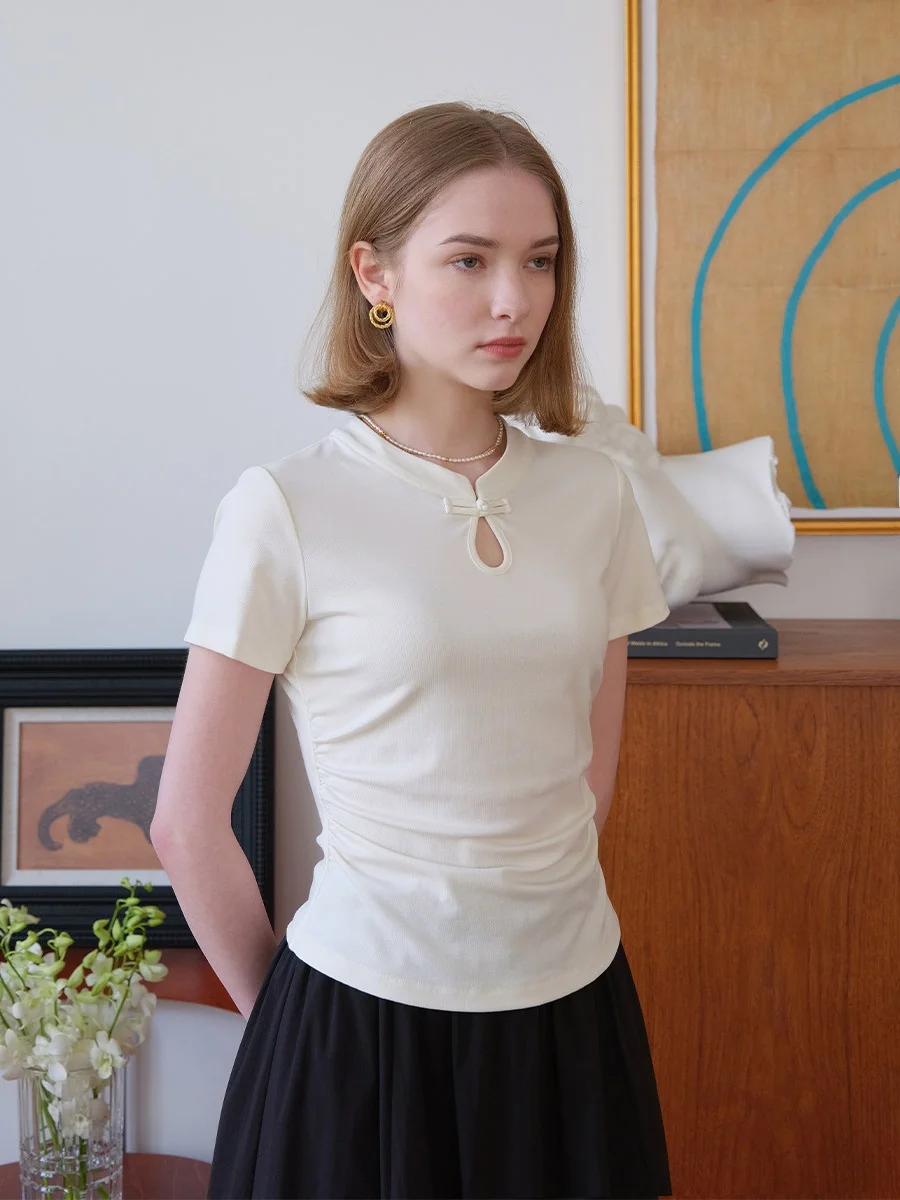 

Новая китайская женская летняя футболка с коротким рукавом, топ с воротником-стойкой и плиссировкой, модель Rana