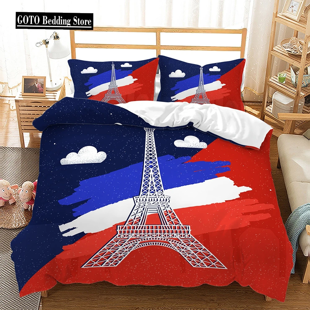 

Quilt Bedding Set Winter Bedroom Cover Set Print Eiffel Tower.Flag Comforter Cover with Pillowslip Blue,White,Red Match Bed Set